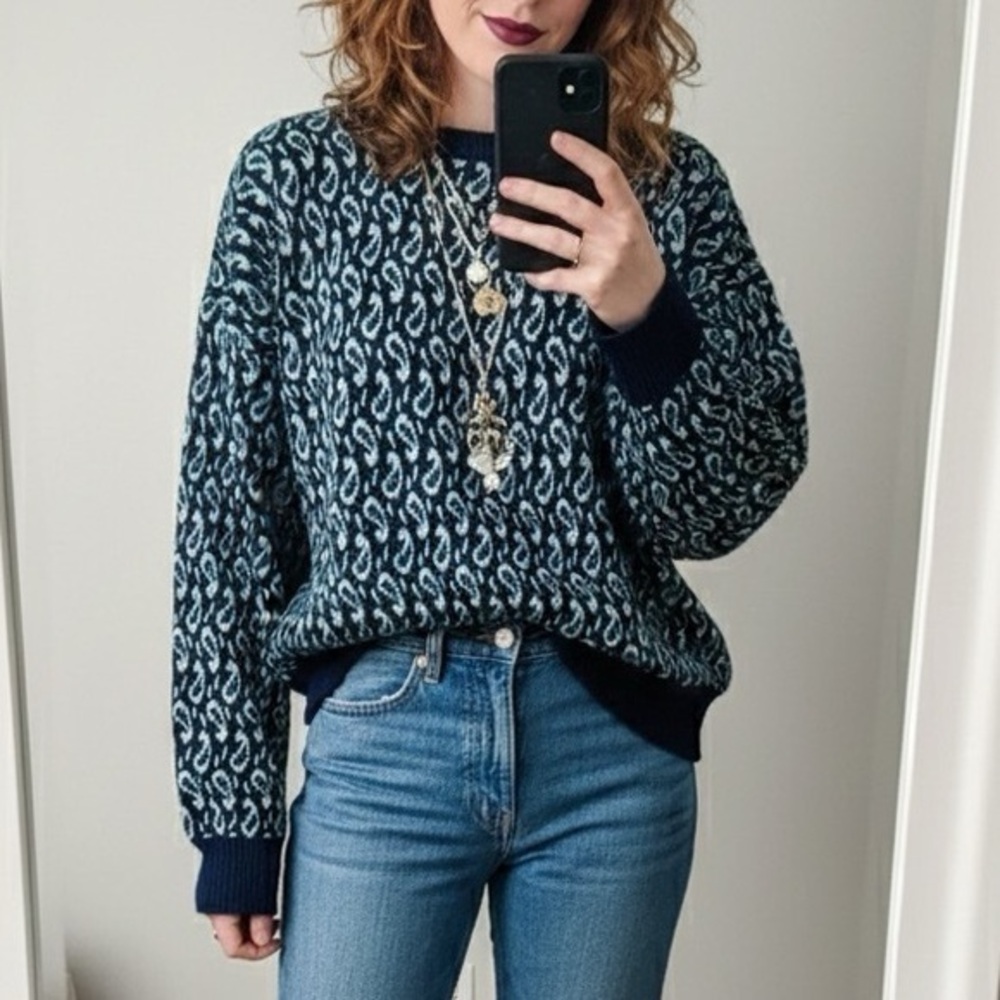 VINTAGE SAKS Wool Paisley Geometric Mod Dad Eclectic Grandpa Sweater